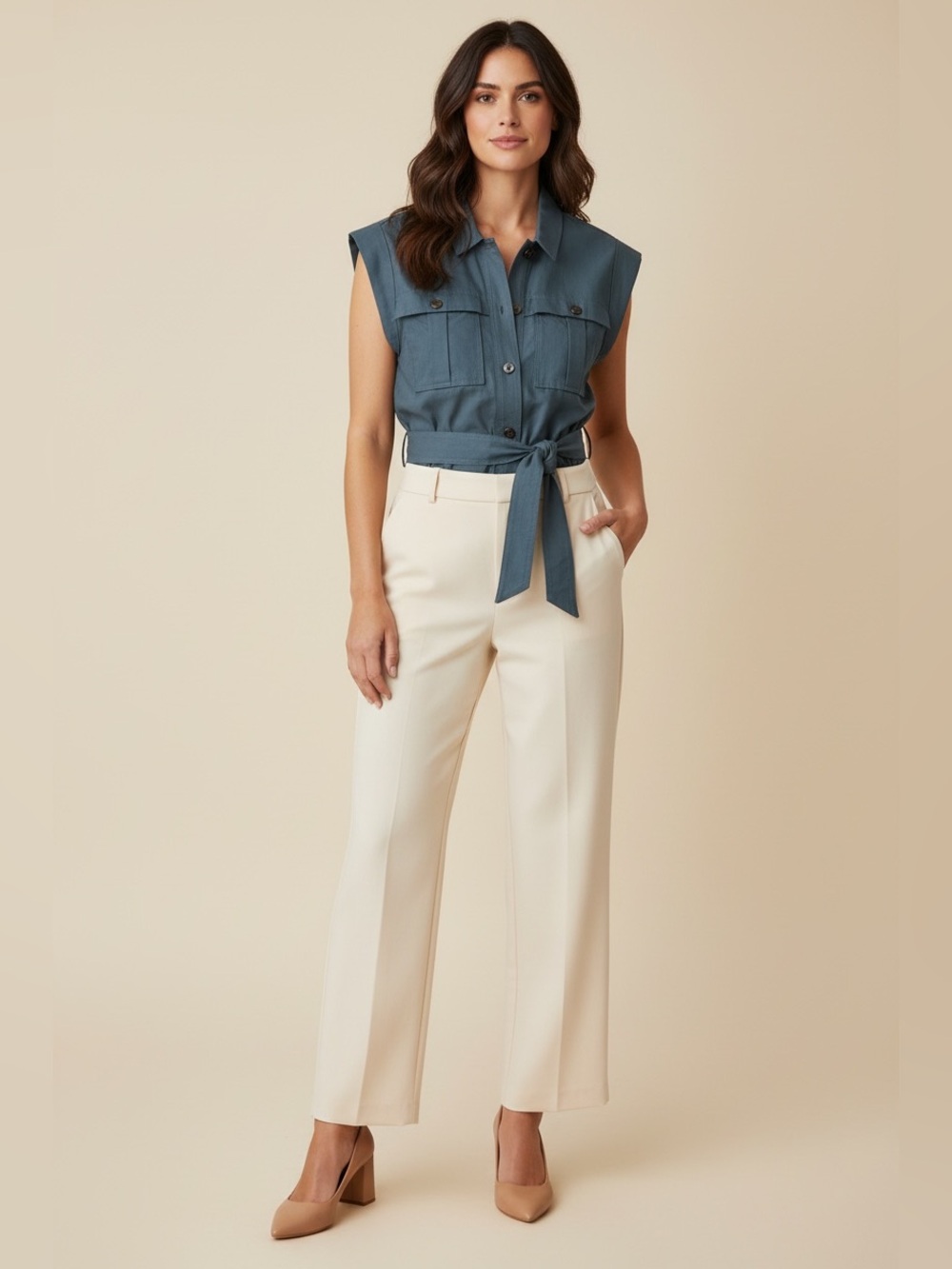 Donna Karan Slate Blue Utility Tie-Waist Button-Front Shirt
